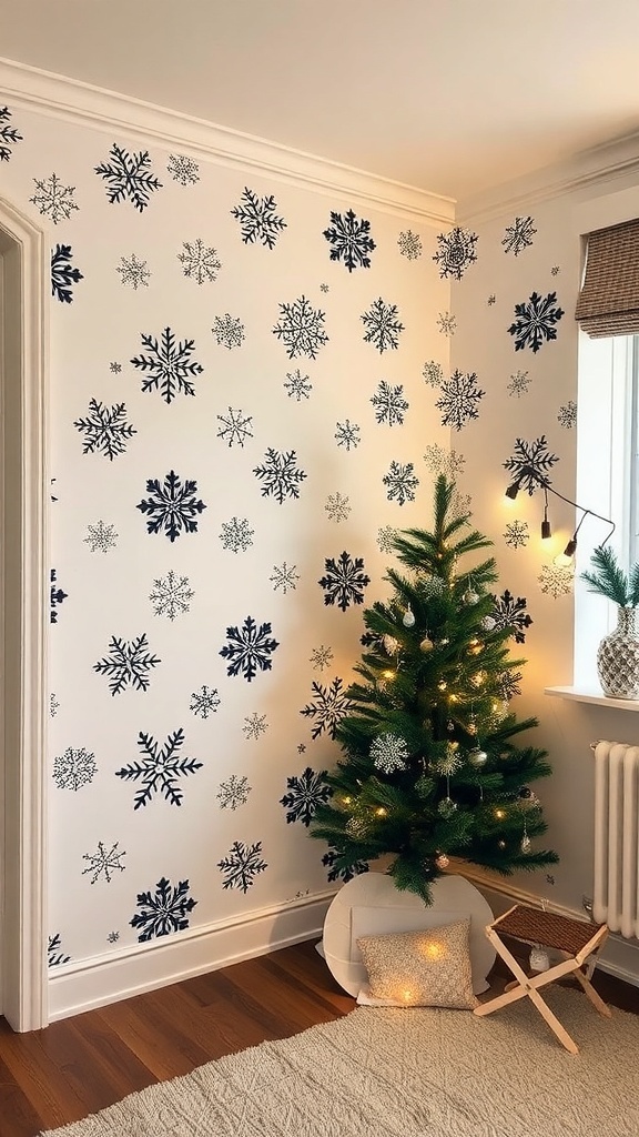 A cozy room with black and white snowflake wallpaper, decorated for Christmas with a small tree and fairy lights.